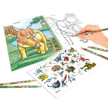 Load image into Gallery viewer, Dino World Colouring Book with Colouring Pens &amp; Stickers