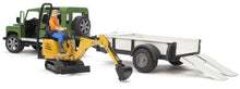 Load image into Gallery viewer, Land Rover Defender w Trailer &amp; JCB Micro Excavator Bruder