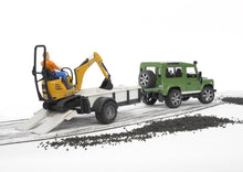 Load image into Gallery viewer, Land Rover Defender w Trailer &amp; JCB Micro Excavator Bruder