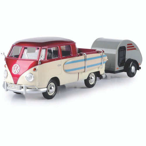 VW Type 2 T1 Surfboard Teardrop Trailer Maroon/Cream 1/24