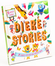 Load image into Gallery viewer, Children&#39;s book titled &#39;Diere Stories&#39; with colorful illustrations on a white background
