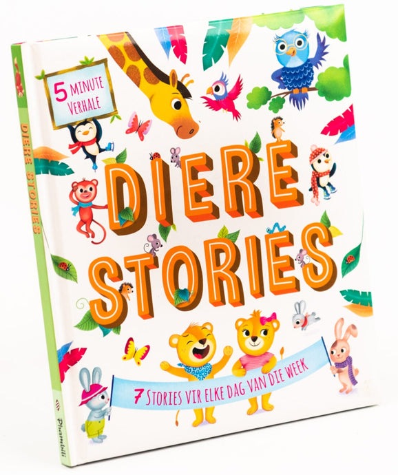 Children's book titled 'Diere Stories' with colorful illustrations on a white background