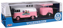Load image into Gallery viewer, VW Type 2 (T1) Delivery Van w Fridge Trailer Pink (scale 1:24)