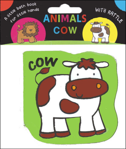 Baby bath book with rattle cow